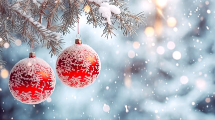 Christmas and New Year background with fir tree branches covered with snow and balls.
