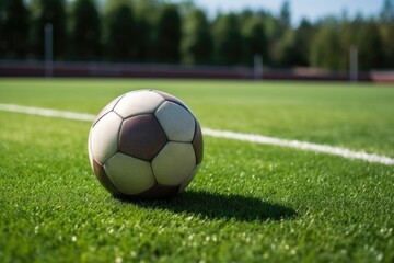 Fototapeta premium inflated football resting on the green turf of a soccer field