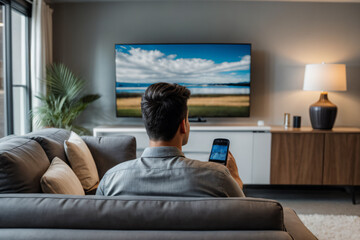 Man sitting on a couch watching television holding a cell phone in their hand and a television on the wall,   - obrazy, fototapety, plakaty