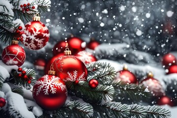 Fototapeta na wymiar christmas and new year holidays concept. Red balls on fir branches, winter snowy backdrop. festive winter season background. template for design.