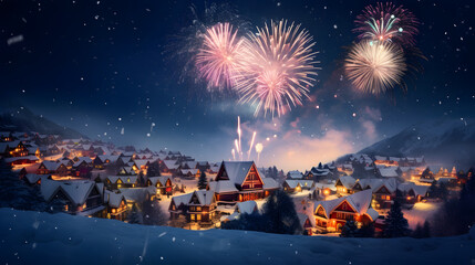 Colorful fireworks over snowy christmas village, new year's eve celebration - obrazy, fototapety, plakaty
