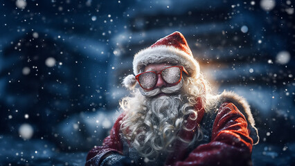 Cool Cool Santa Claus in the snowstorm. Modern Santa in sunglasses.