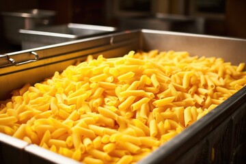 uncooked pasta shells in a production bin