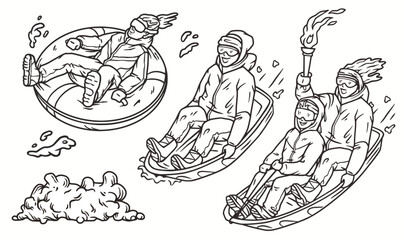 Persons sledding down snowy hill. Winter sport , sled activity, outdoor joy and fun, and seasonal excitement. Man holds a torch in his hand as symbol of a tournament or competition. Snow tubing
