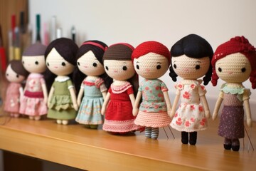 row of stitched dolls leaning towards a main doll