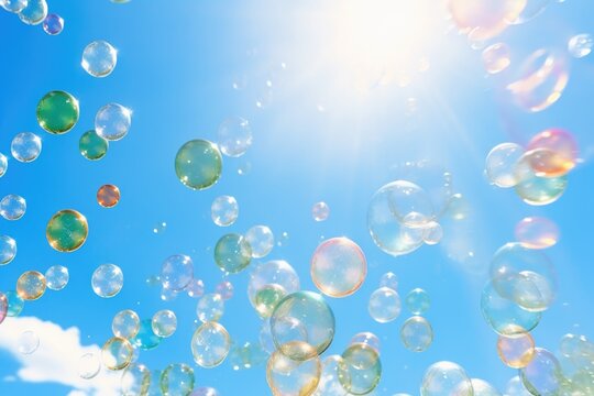 iridescent bubbles floating in a sunny sky at a daytime party