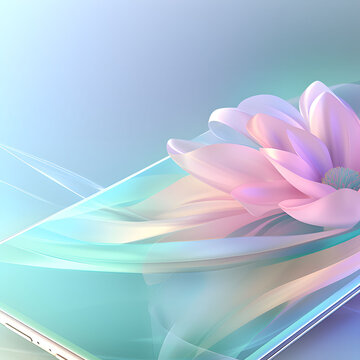  Mobil phone, smartphone, or tablet, with hologram  pastel light romantic flower on gradient blue  background.