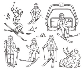 Group of people in various skiing poses, participating in exhilarating winter sport. Season activity and competitions. Dynamic winter action and outdoor fun