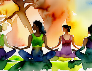 Abstract water color painting of women in a park doing yoga meditation. 