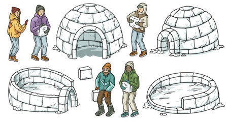 Persons building igloo in winter as team, engaging in seasonal activity. Creative construction of ice shelter with company of people, embracing cold season - obrazy, fototapety, plakaty