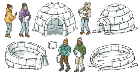 Fotobehang Persons building igloo in winter as team, engaging in seasonal activity. Creative construction of ice shelter with company of people, embracing cold season © Casoalfonso