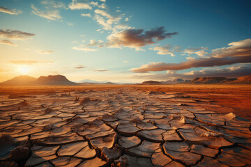 A cracked and parched desert landscape, exemplifying the severe droughts and water scarcity caused...