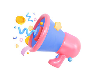 Loudspeaker with confetti. Announcement or announcement of a festive event. Concept of joyful events. 3d vector illustration. 
