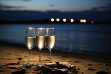 moonlit beach with a pair of champagne glasses