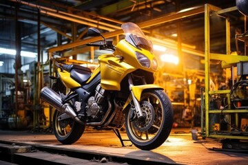 image of unfinished touring bike under bright industrial lights