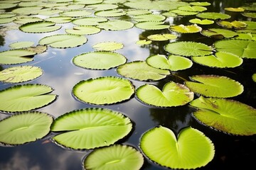a group of common lily pads in a pond