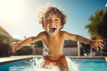 Happy child having fun in swimming pool on hot summer day.