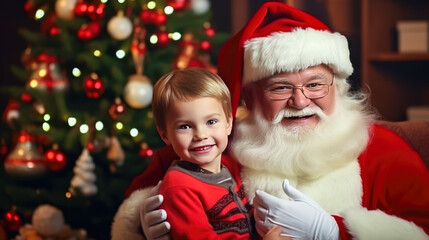Fototapeta na wymiar Portrait of Santa Claus with little cute girl near Christmas tree at home