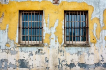 Fototapeta na wymiar jailhouse exterior with worn window bars
