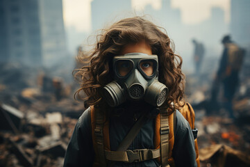 A child wearing a face mask in a heavily polluted city, drawing attention to the link between air pollution, respiratory health, and climate change. Generative Ai.