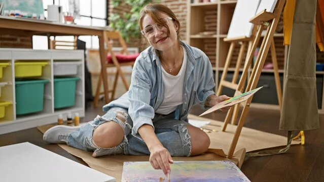 Young woman artist smiling confident sitting on floor drawing at art studio