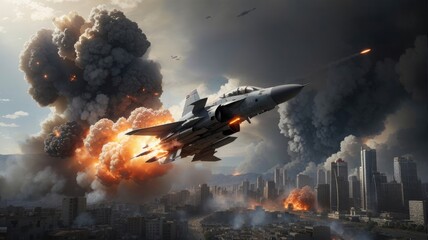 air strike over city by a fighter jet plane photo