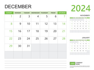 December 2024 year, Calendar planner 2024 template, week start on Sunday, Desk calendar 2024 design, simple and clean design green background, Wall calendar, Corporate design planner template vector