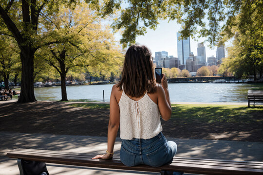 Woman sitting on park bench, while holding a cell phone in her hand.