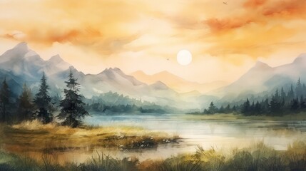 Fototapeta premium Beautiful watercolor painting of a scenic natural landscape