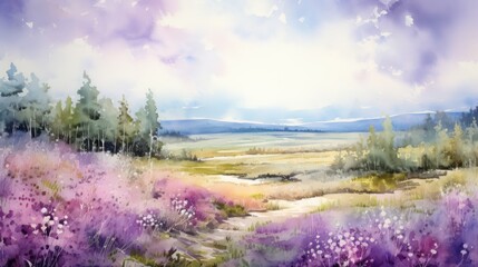 Enchanting watercolor portrayal of a beautiful natural landscape, teeming with lush trees, flowing rivers, vivid colors, during both morning and evening, when the sun illuminates.