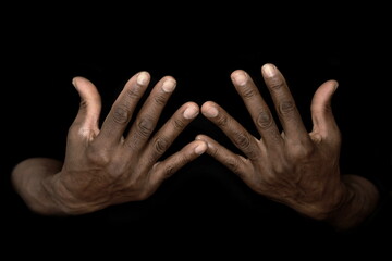 sign language with hand gestures  speaking body language with people on black background stock image stock photo - obrazy, fototapety, plakaty