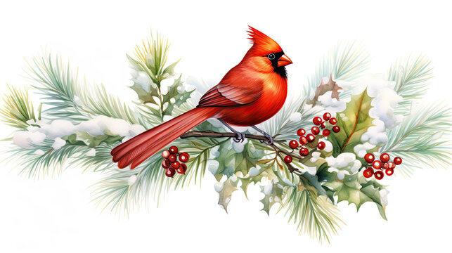 Christmas picture with Cardinal bird, pine cones and branches, ilex, red berries on white background