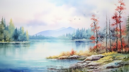 Captivating watercolor depiction of a picturesque natural landscape, with lush foliage, flowing rivers, vibrant hues, during morning and evening when the sun shines.