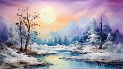 Fototapeta premium Captivating watercolor depiction of a picturesque natural landscape, with lush foliage, flowing rivers, vibrant hues, during morning and evening when the sun shines.