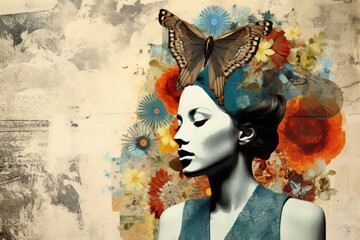 Art collage using different textures and colors. woman face