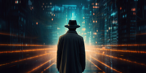 Mysterious cyber detective wearing a trench coat and a fedora standing askew to the viewer in a digital landscape, minimalist electronica and circuitry in the background