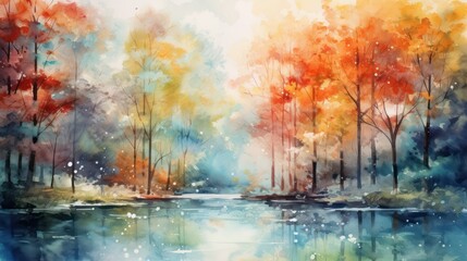 Attractive watercolor depiction of a stunning natural landscape, with abundant greenery, flowing rivers, vibrant colors, during the morning and evening, when the sun shines, suitable for wall art