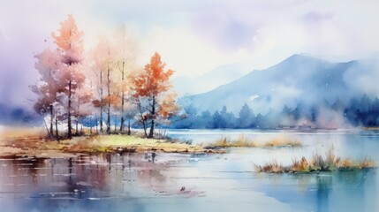 Watercolor artwork showcasing a picturesque natural scenery, abundant with flourishing trees, winding rivers, vivid colors, during both morning and evening, as the sun gleams, ideal for wall art