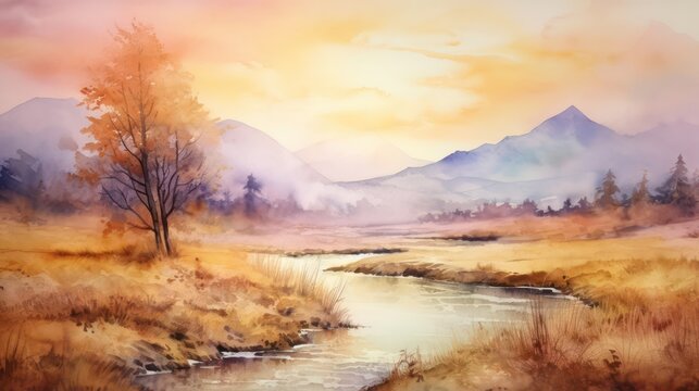 Watercolor artwork showcasing a picturesque natural scenery, abundant with flourishing trees, winding rivers, vivid colors, during both morning and evening, as the sun gleams, ideal for wall art