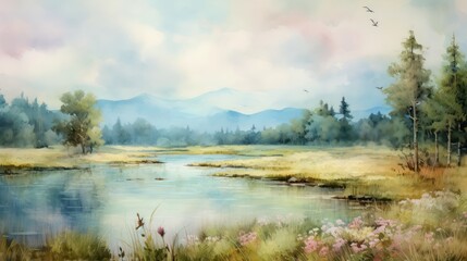 Watercolor painting of a beautiful natural landscape, filled with lush trees, flowing rivers, vibrant colors, in the morning and evening, when the sun shines, suitable for wall art and printing media.