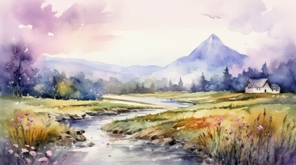 Watercolor painting of a beautiful natural landscape, filled with lush trees, flowing rivers, vibrant colors, in the morning and evening, when the sun shines, suitable for wall art and printing media.