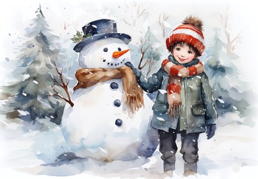 child playing with snowman
