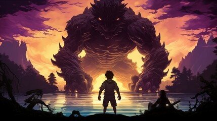 a boy standing at the side of the water next to a large monster on the background. Fantasy concept , Illustration painting. - obrazy, fototapety, plakaty