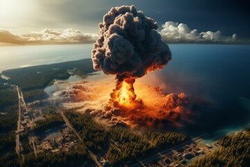 Terrible explosion of a nuclear bomb with a mushroom. Nuclear catastrophe