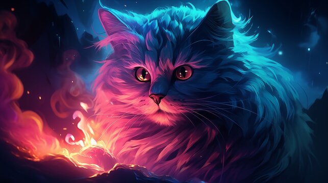 a blue and pink sassy cat is standing in a dark night scene with lightning. Fantasy concept , Illustration painting.