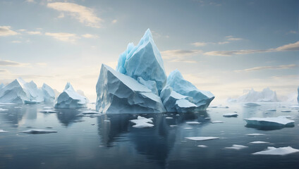 Jagged icebergs floating in an open sea. Generative AI
