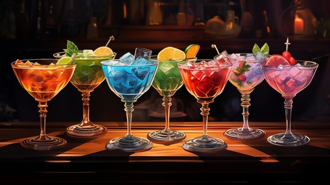 Colorful cocktail glasses at a bar. Fantasy concept , Illustration painting.
