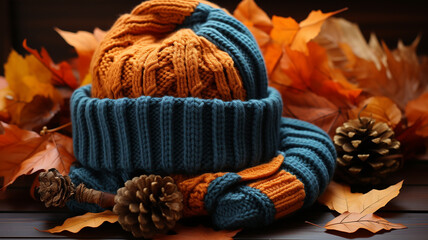 knitted scarf and hat and autumn decor