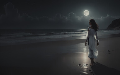 giovane donna in elegante e leggero abito bianco che passeggia al chiaro di luna su una spiaggia deserta - obrazy, fototapety, plakaty