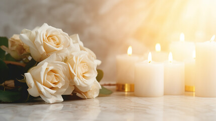 Serene arrangement of white roses and lit candles, setting a romantic ambiance.